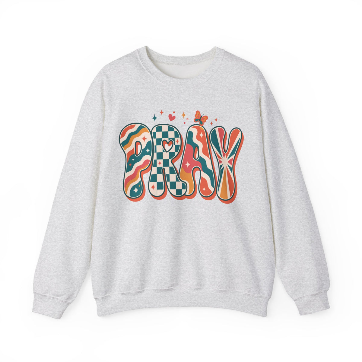 PRAY Retro Christian Sweatshirt | Colorful Faith Crewneck