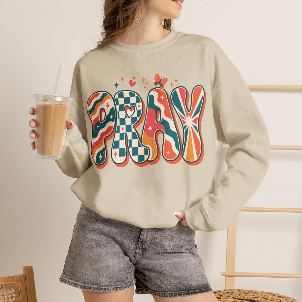 PRAY Retro Christian Sweatshirt | Colorful Faith Crewneck