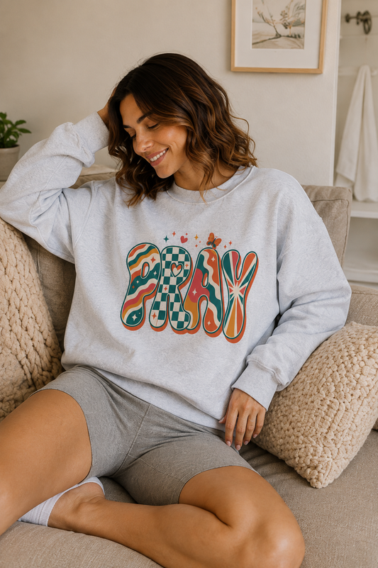 PRAY Retro Christian Sweatshirt | Colorful Faith Crewneck