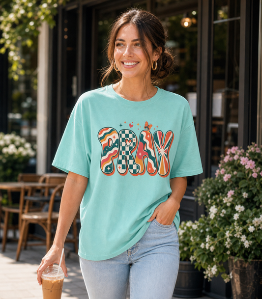 PRAY Retro Christian T-Shirt | Colorful Faith Graphic Tee