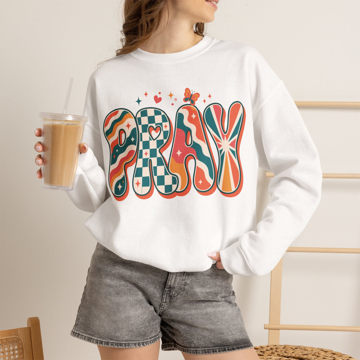 PRAY Retro Christian Sweatshirt | Colorful Faith Crewneck