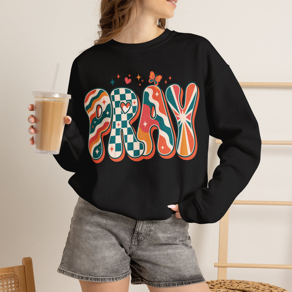 PRAY Retro Christian Sweatshirt | Colorful Faith Crewneck